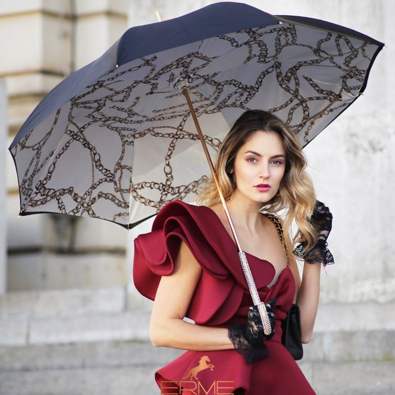 PASOTTI зонт - Black Umbrella with Chains Printed Interior