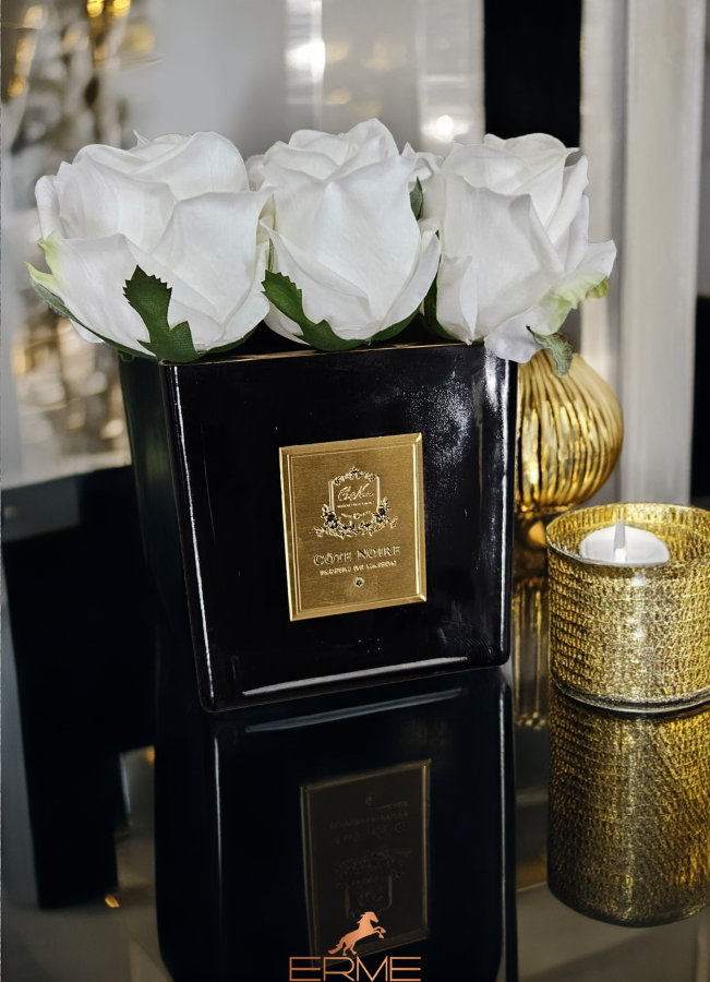 Aromatic composition of Cote Noire roses in a square vase - Ivory, Under the order (delivery from 4 weeks)