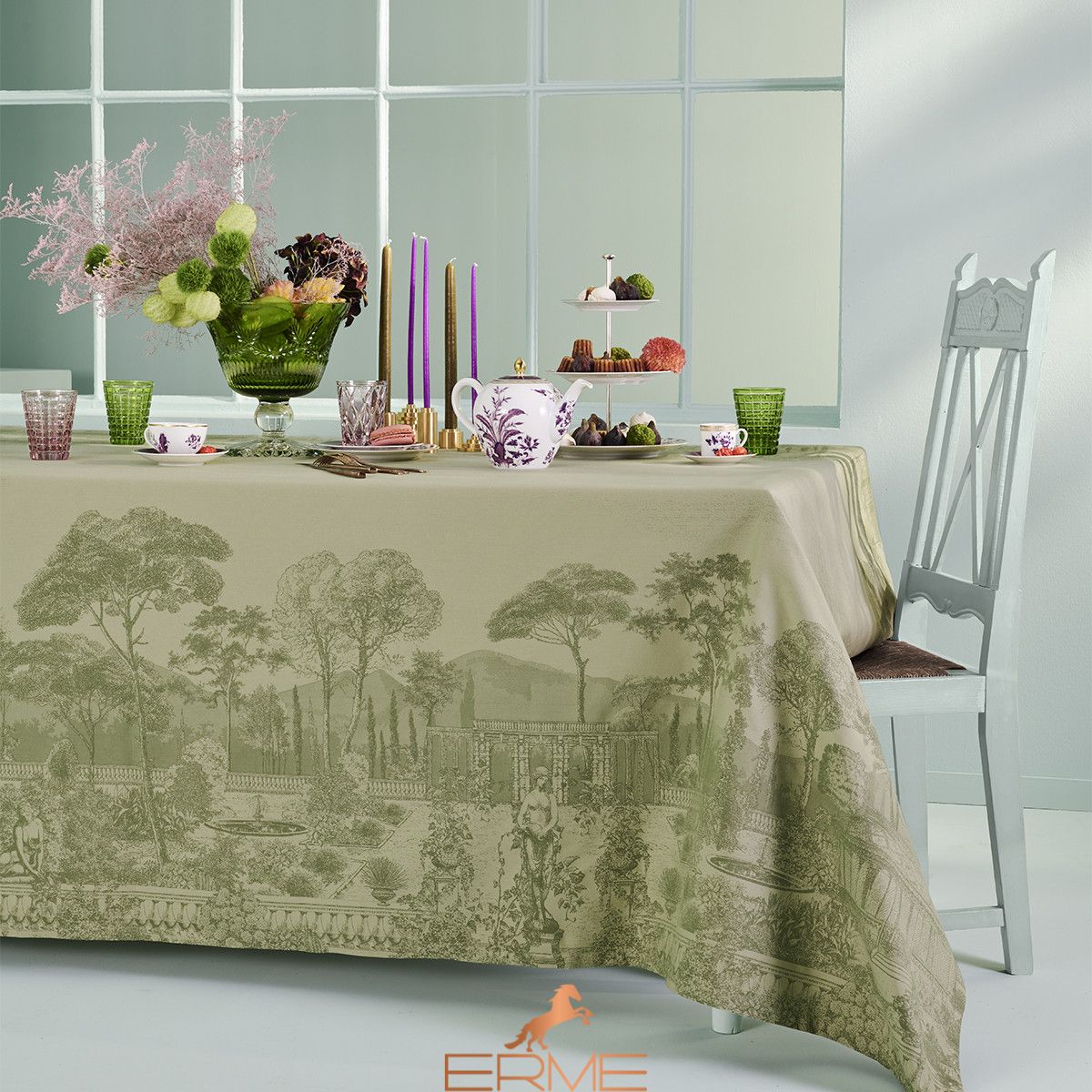 Tablecloth Garnier Thiebaut Jardin spirituel olive, 174x304